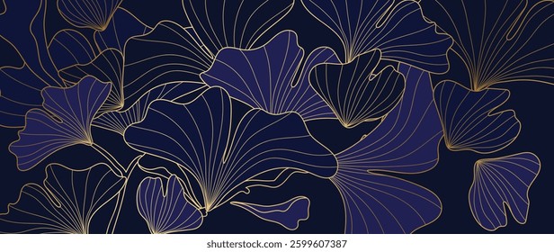 Luxury botanical line art background vector. Natural botanical ginkgo elegant with gold line art on navy blue background. Design illustration for decoration, wall decor, wallpaper, cover, banner.