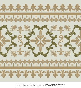 Luxury Botanical Nature Border with Gold and Deep Green Embroidery Silk Weaves on Pale Green Vintage Background. Royal Exquisitely Scroll Ornament Decoration Stripe for Apparel Texture Men's Attire