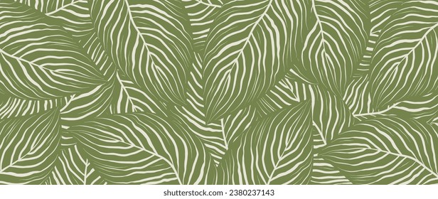 Luxury botanical nature leaf design on green background. Tropical leafy wallpaper, with a simple abstract shape. Hand drawn outline for fabric, print, wall decor, banner.	
