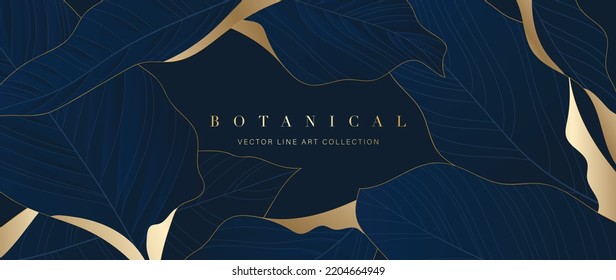 Luxury botanical on dark background vector. Foliage wallpaper with tropical plants, leaves, line art, leaf line. Elegant natural illustration design for cover, banner, wall art, invitation, prints.