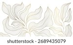 Luxury botanical vector background with golden palm leaves, floral line art, elegant tropical pattern, modern Art Deco design. Summer wallpaper, spa card, wedding template