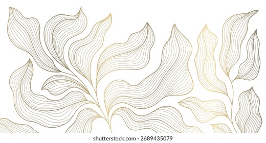 Luxury botanical vector background with golden palm leaves, floral line art, elegant tropical pattern, modern Art Deco design. Summer wallpaper, spa card, wedding template