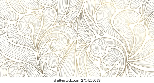 Fondo de Vector botánico de lujo con hojas de palma dorada, arte de línea floral, elegante patrón tropical, diseño Art Deco moderno. Fondo de pantalla de verano, tarjeta del balneario, Plantilla de la boda
