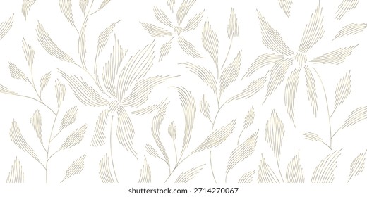 Fondo de Vector botánico de lujo con hojas de palma dorada, arte de línea floral, elegante patrón tropical, diseño Art Deco moderno. Fondo de pantalla de verano, tarjeta del balneario, Plantilla de la boda