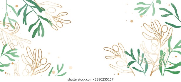 Luxury botanical watercolor background. Botanical golden olive branches with golden line texture and green branches. Illustration design for wedding cover template, banner, fabric.	