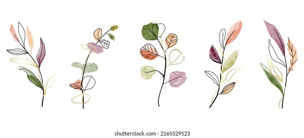 Luxury botanical with watercolor texture vector element. Set of gold line art, hand drawn leaves, leaf branch, eucalyptus. Elegant foliage collection for bouquets, decoration, invitation, wedding.