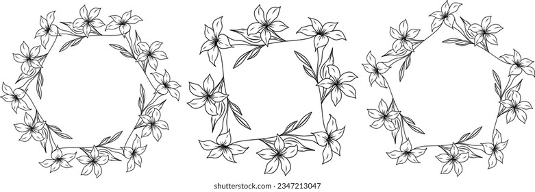 Luxury botanical wedding frame elements on white background. Set of circle, square, polygon shapes from leaves, flowers. Elegant foliage design for wedding, cards, invitations, greetings