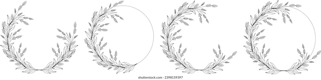 Luxury botanical wedding frame elements on a white background. Set of round shapes, leaf branches. Elegant foliage design for wedding, cards, invitations, congratulations