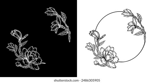 Luxury botanical wedding frame elements. Set of rounded shapes, magnolia flowers, magnolia leaves and branches. Elegant foliage design for wedding, cards, invitations, congratulations