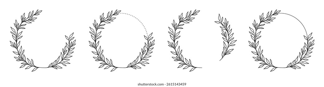Luxury botanical wedding frame elements on white background. Set of circle shapes, glitters, eucalyptus leaves, leaf branches. Elegant foliage design for wedding, card, invitation, greeting.