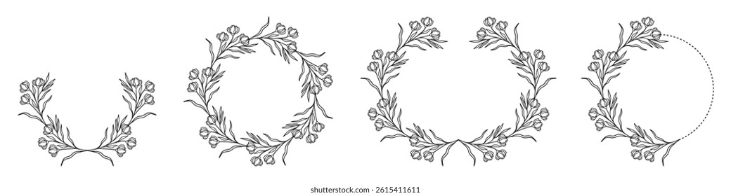 Luxury botanical wedding frame elements on white background. Set of circle shapes, glitters, eucalyptus leaves, leaf branches. Elegant foliage design for wedding, card, invitation, greeting.