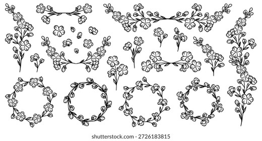 Elementos de quadro de casamento botânico de luxo em um fundo branco. Uma coleção de flores, botões, folhas e ramos de plantas. Design botânico elegante para casamentos, cartões, convites e cartões de saudação.