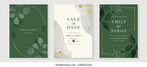 Plantilla de la tarjeta de invitación verde para bodas botánicas de lujo. Tarjeta acuarela con arte de línea dorada, flor, ramas de hojas, follaje. Elegante diseño vectorial de flor adecuado para banner, cubierta, invitación.