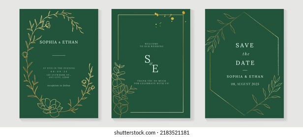 Plantilla de la tarjeta de invitación verde para bodas botánicas de lujo. Tarjeta acuarela con arte de línea dorada, flor, ramas de hojas, follaje. Elegante diseño vectorial de flor adecuado para banner, cubierta, invitación.