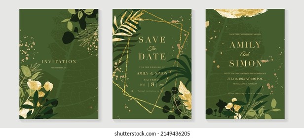 Plantilla de tarjeta de invitación botánica de bodas de lujo. Tarjeta de acuarela verde con eucalipto, plantas tropicales, lámina de oro, textura de línea de hoja. Elegante diseño vectorial adecuado para banner, portada, invitación.