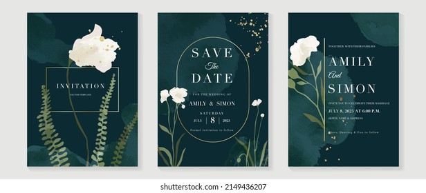 Luxury botanical wedding invitation card template. Green watercolor card with leaf branch, white rose flowers, gold glitters, fern. Elegant garden vector design suitable for banner, cover, invitation.