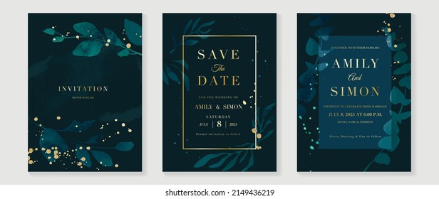 Plantilla de tarjeta de invitación botánica de bodas de lujo. Tarjeta de acuarela verde con ramas de hojas, planchas doradas, follaje, eucalipto. Elegante diseño vectorial de jardín adecuado para banner, cubierta, invitación.