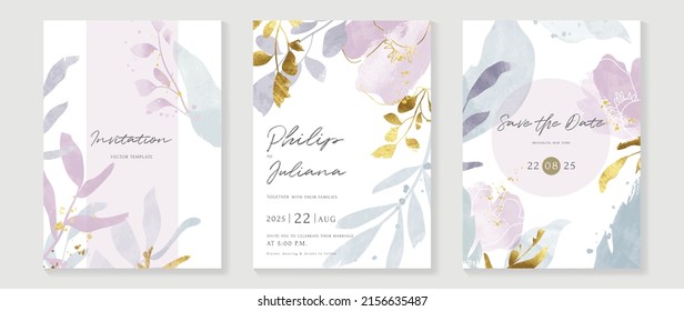 Luxury botanical wedding invitation card template. Purple watercolor card with leaf branches, gold glitters, foliage, eucalyptus. Elegant garden vector design suitable for banner, cover, invitation.