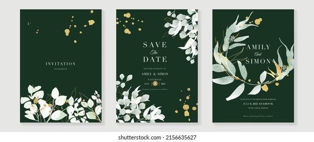 Plantilla de tarjeta de invitación botánica de bodas de lujo. Tarjeta de acuarela verde con ramas de hojas, planchas doradas, follaje, eucalipto. Elegante diseño vectorial de jardín adecuado para banner, cubierta, invitación.