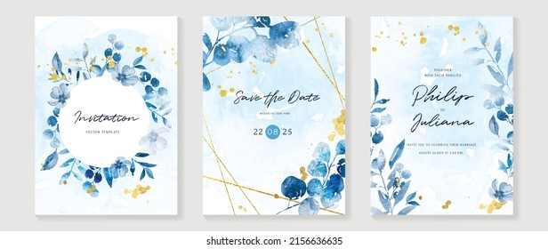 Plantilla de tarjeta de invitación botánica de bodas de lujo. Tarjeta de acuarela azul con ramas de hojas, gliteros dorados, eucalipto, follaje. Elegante diseño vectorial de jardín adecuado para banner, cubierta, invitación.