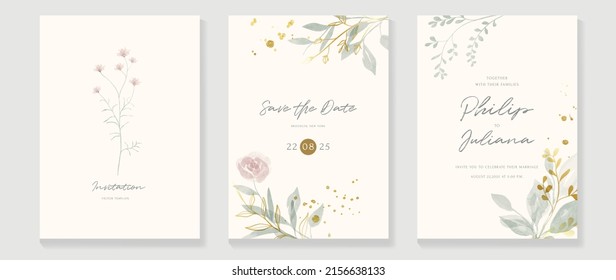 Plantilla de tarjeta de invitación botánica de bodas de lujo. Tarjeta de estilo minimalista con ramas de hojas, planchas doradas, flores, eucalipto. Elegante diseño vectorial de jardín adecuado para banner, cubierta, invitación.