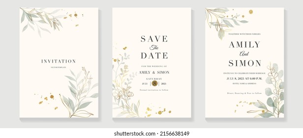 Plantilla de tarjeta de invitación botánica de bodas de lujo. Tarjeta de estilo minimalista con ramas de hojas, planchas doradas, flores, eucalipto. Elegante diseño vectorial de jardín adecuado para banner, cubierta, invitación.