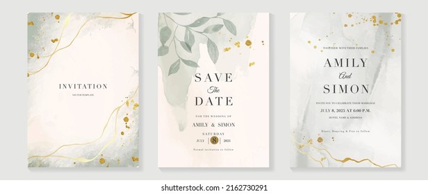 Luxury botanical wedding invitation card template. Minimal watercolor card with gold line art, foliage, eucalyptus leaves. Elegant leaf branch vector design suitable for banner, cover, invitation.