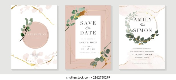 Plantilla de tarjeta de invitación botánica de bodas de lujo. Tarjeta mínima con arte de línea dorada, eucalipto, hojas ramas, follaje. Elegante diseño vectorial de flor adecuado para banner, cubierta, invitación.