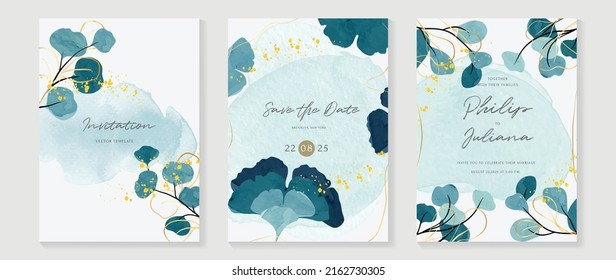 Luxury botanical wedding invitation card template. Blue watercolor card with gold line art, ginkgo, eucalyptus leaves. Elegant leaf branch vector design suitable for banner, cover, invitation.