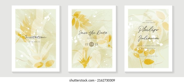 Luxury botanical wedding invitation card template. Golden watercolor card with gold glitters, foliage, tropical leaves. Elegant leaf branch vector design suitable for banner, cover, invitation.