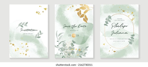 Luxury botanical wedding invitation card template. Green watercolor card with gold glitters, foliage, eucalyptus leaves. Elegant leaf branch vector design suitable for banner, cover, invitation.