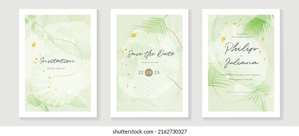 Luxury botanical wedding invitation card template. Green watercolor card with gold glitters, foliage, tropical palm leaves. Elegant leaf branch vector design suitable for banner, cover, invitation.