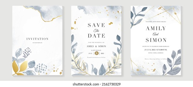 Luxury botanical wedding invitation card template. Blue watercolor card with gold line art, foliage, eucalyptus leaves. Elegant leaf branch vector design suitable for banner, cover, invitation.