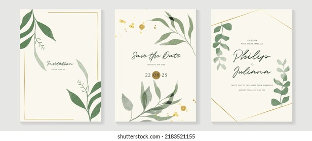 Luxury botanical wedding invitation card template. Watercolor card with gold line art, eucalyptus, leaves branches, foliage. Elegant blossom vector design suitable for banner, cover, invitation.