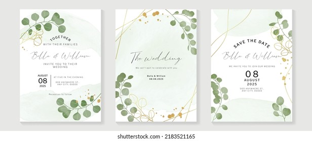 Luxury botanical wedding invitation card template. Watercolor card with gold line art, eucalyptus, leaves branches, foliage. Elegant blossom vector design suitable for banner, cover, invitation.