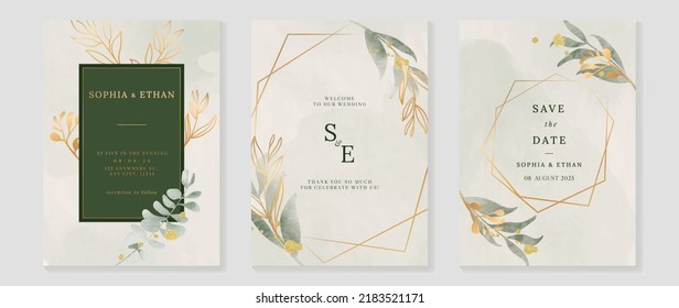 Luxury botanical wedding invitation card template. Watercolor card with gold line art, eucalyptus, leaves branches, foliage. Elegant blossom vector design suitable for banner, cover, invitation.