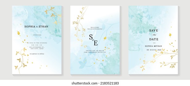 Luxury botanical wedding invitation card template. Watercolor card with gold line art, blue color, leaves branches, foliage. Elegant blossom vector design suitable for banner, cover, invitation.