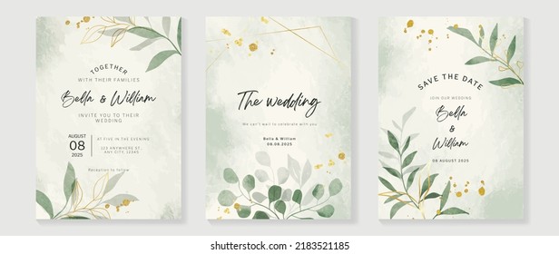 Plantilla de tarjeta de invitación botánica de bodas de lujo. Tarjeta acuarela con arte de línea dorada, eucalipto, ramas de hojas, follaje. Elegante diseño vectorial de flor adecuado para banner, cubierta, invitación.