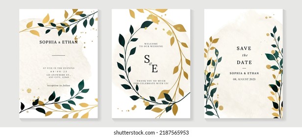 Luxury botanical wedding invitation card template. Watercolor card with gold line art, leaf, leaves branches, foliage. Elegant blossom vector design suitable for banner, cover, invitation.