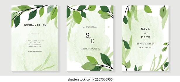 Plantilla de tarjeta de invitación botánica de bodas de lujo. Tarjeta acuarela con arte de línea dorada, hoja, hojas ramas, follaje. Elegante diseño vectorial de flor adecuado para banner, cubierta, invitación.