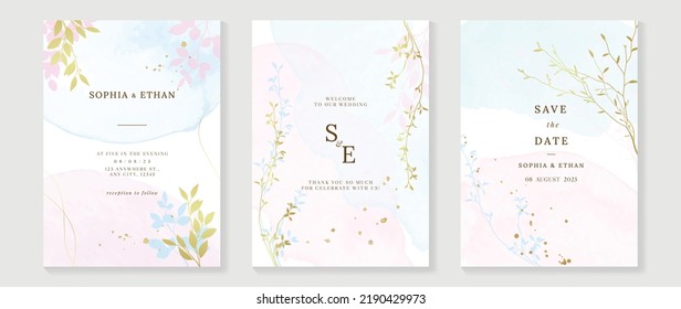 Luxury botanical wedding invitation card template. Watercolor card with pink and blue color, leaves branches, foliage, trees. Elegant blossom vector design suitable for banner, cover, invitation.