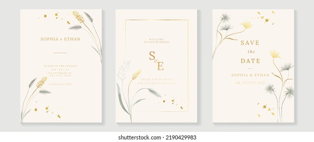 Luxury botanical wedding invitation card template. Watercolor card with eucalyptus, leaves branches, foliage, wildflowers. Elegant blossom vector design suitable for banner, cover, invitation.