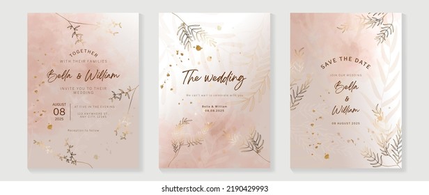 Luxury botanical wedding invitation card template. Watercolor card with gold line art, pink color, leaves branches, foliage. Elegant blossom vector design suitable for banner, cover, invitation.