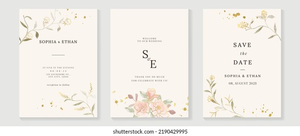 Plantilla de tarjeta de invitación botánica de bodas de lujo. Tarjeta acuarela con eucalipto, ramas de hojas, follaje, flores de rosa. Elegante diseño vectorial de flor adecuado para banner, cubierta, invitación.