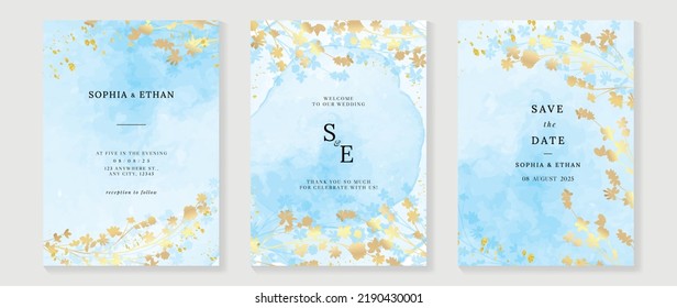 Luxury botanical wedding invitation card template. Watercolor card with blue color, leaves branches, foliage, flowers. Elegant blossom vector design suitable for banner, cover, invitation.