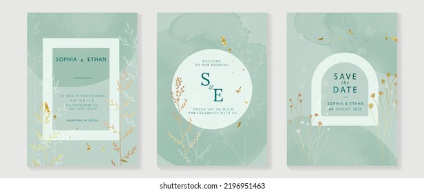 Luxury botanical wedding invitation card template. Watercolor card with wildflowers, leaves branch, foliage, grass, green color. Elegant blossom vector design suitable for banner, cover, invitation.