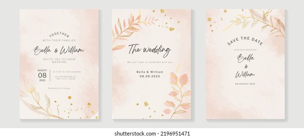 Luxury botanical wedding invitation card template. Minimal watercolor card with pink color, leaves branches, foliage, grass. Elegant blossom vector design suitable for banner, cover, invitation.