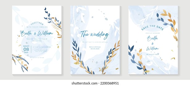 Luxury botanical wedding invitation card template. Minimal watercolor card with leaves branches, foliage, wildflowers, blue color. Elegant blossom vector design suitable for banner, cover, invitation.