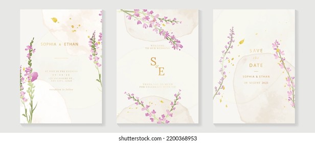 Plantilla de tarjeta de invitación botánica de bodas de lujo. Tarjeta de acuarela mínima con ramas de hojas, follaje, flores silvestres. Elegante diseño vectorial de flor adecuado para banner, cubierta, invitación.