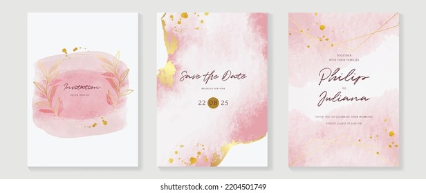 Luxury botanical wedding invitation card template. Watercolor card with leaf branch, foliage, pink color, line art, frame. Elegant blossom vector design suitable for banner, cover, invitation.